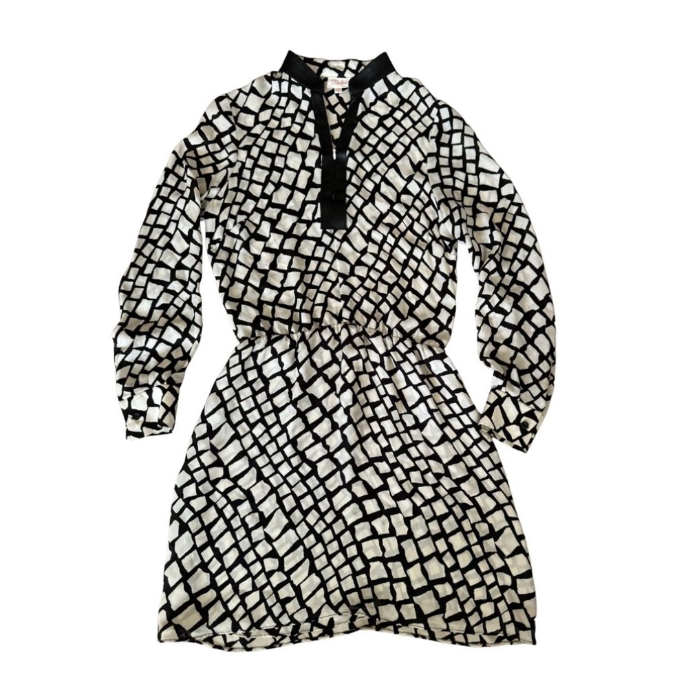 Parker silk black/white print vintage dress with leather collar - size XS